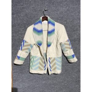 Warm Me Jacket Womens Small Cream Blue Green 100% Cashmere Handmade Nepal Boho